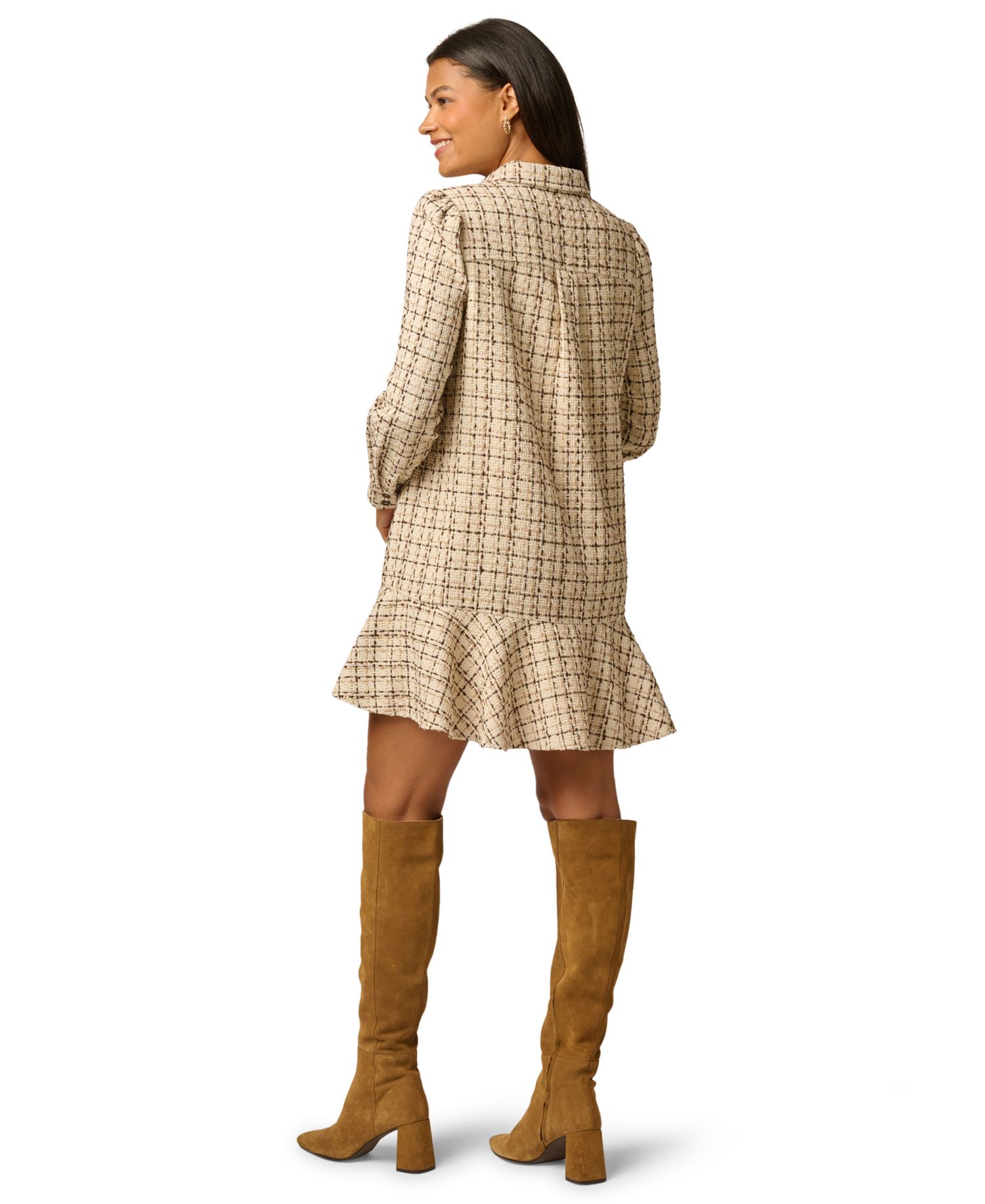 Women's Hailey Tweed Long-Sleeve Ruffled-Hem Shirt Dress