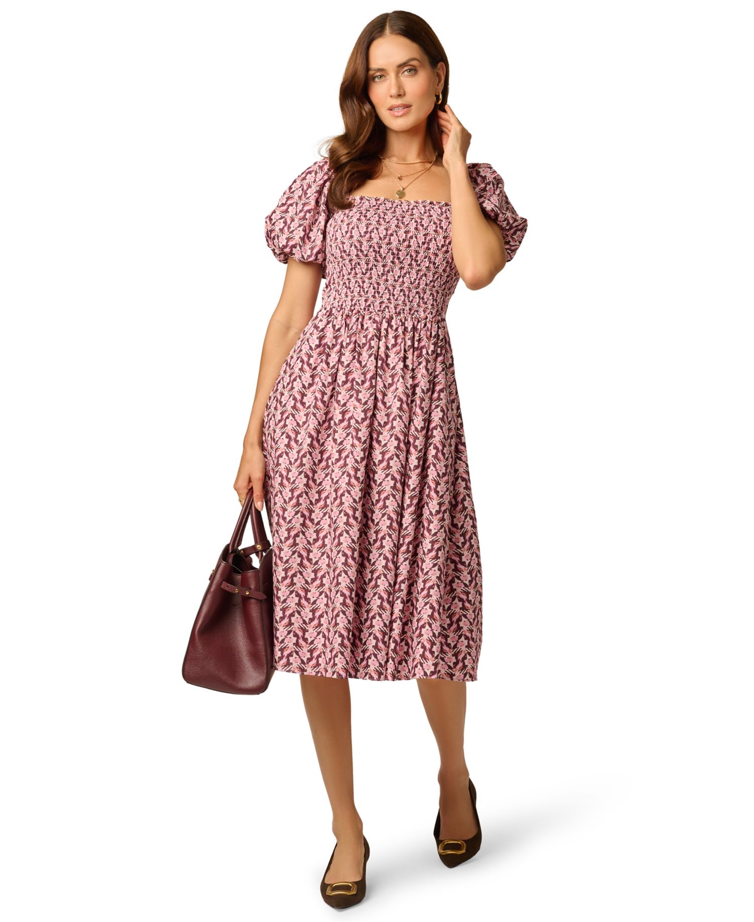 Women's Blaire Smocked Floral-Print Square Neck Midi Dress