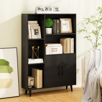 47 Inch Floor Bookshelf with 5 Open Compartments and 2-Door Storage Cabinet