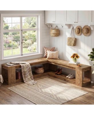 L-Shaped Corner Bench:61" breakfast nook bench with storage.Farmhouse wooden dining bench with shelf for living room,entryway. Backless