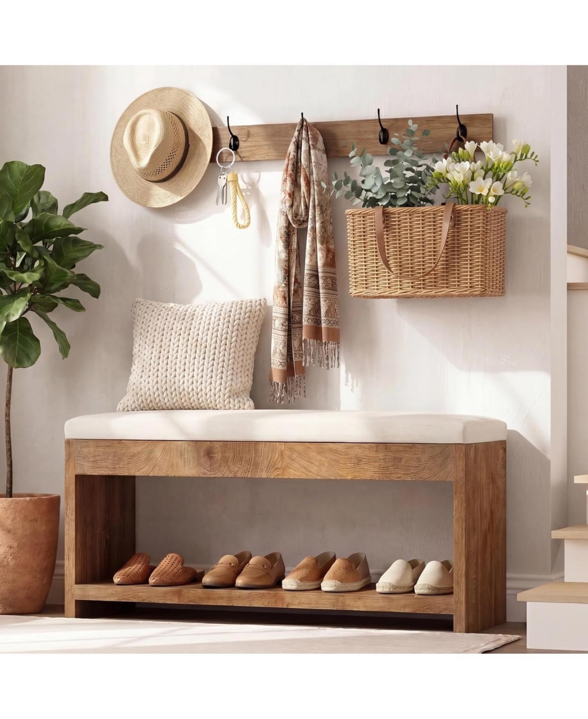 Tribesigns 2-Tier Entryway Bench with Storage: 55.1" wooden shoe bench with padded seat cushion and shoe rack for living room, bedroom, hallway - Brow