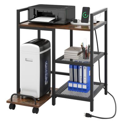 Rolling Printer Stand with Charging Station and 2-Tier Mesh Storage Shelves
