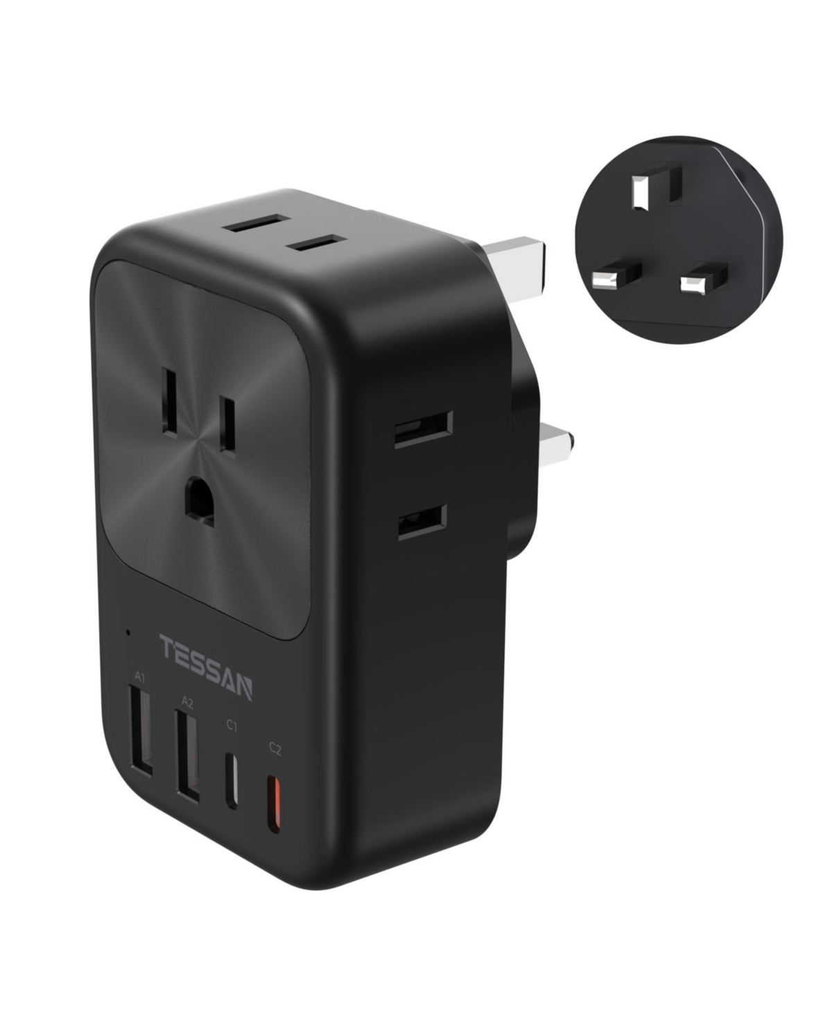 Tessan 8-in-1 Us to Uk Travel Adapter, 4 Ac Outlets + 4 Usb Ports, 20W Usb-c, Type G Plug for Uk, Ireland and Dubai Travel