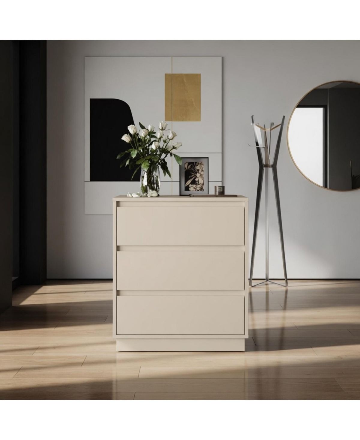 Flynama 23.6" Wide 3 Drawer Modern Nightstand, Beige Storage Bedside Table with Soft Close Drawers