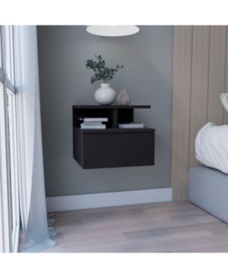 Wall-Mounted Floating Nightstand, 12" H Drawer and 2-Tier Open Shelf Side Table
