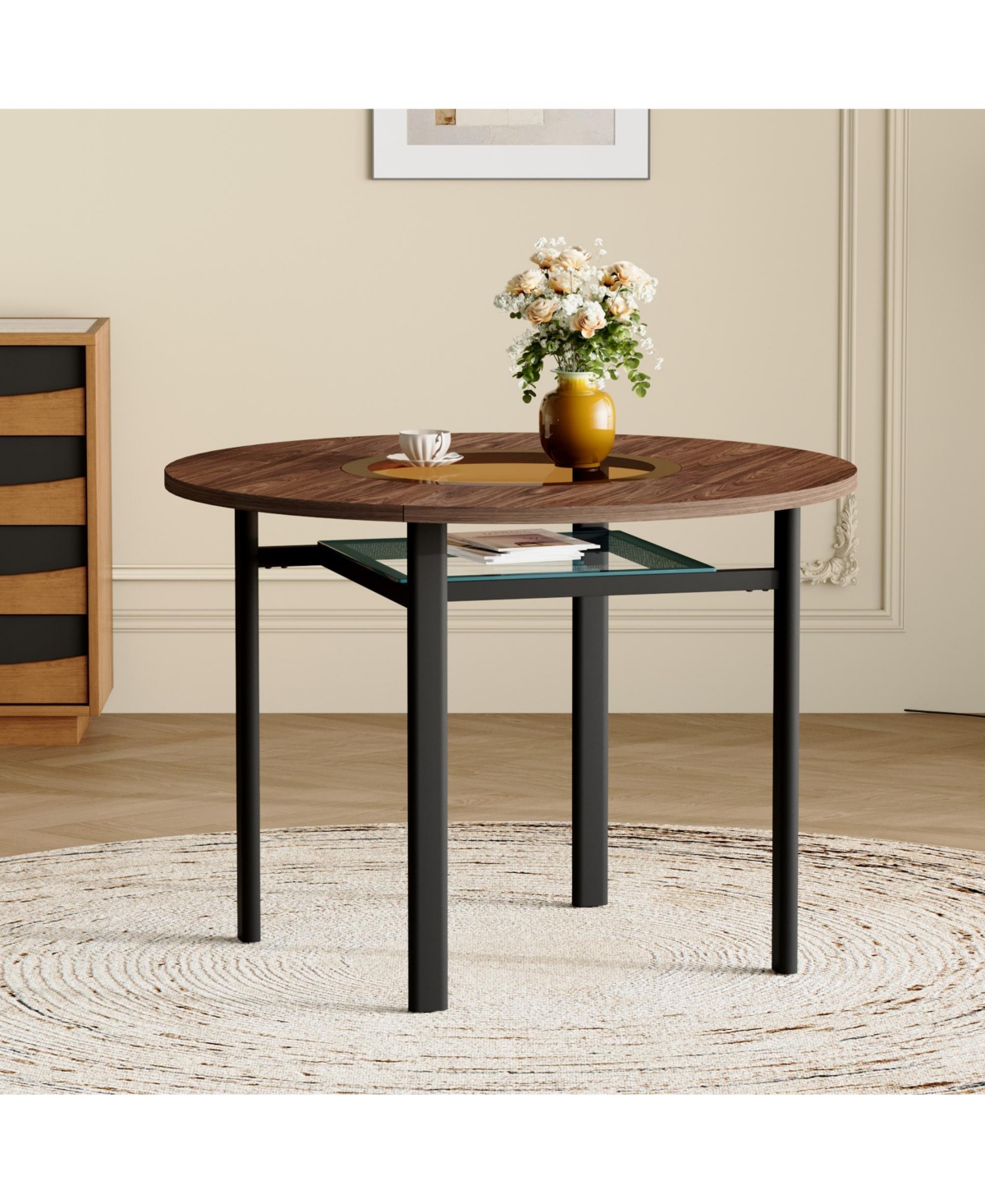 Flynama Round Wood Grain Dining Table with Glass Inlay and Glass Shelf