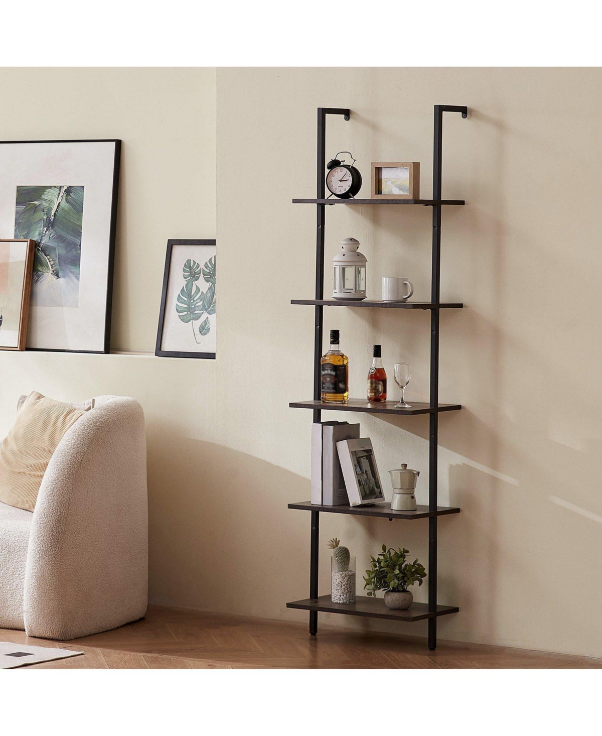 Slickblue Wall Mounted 5-Tier Ladder Bookshelf with Open Shelves and Metal Frame for Living Room