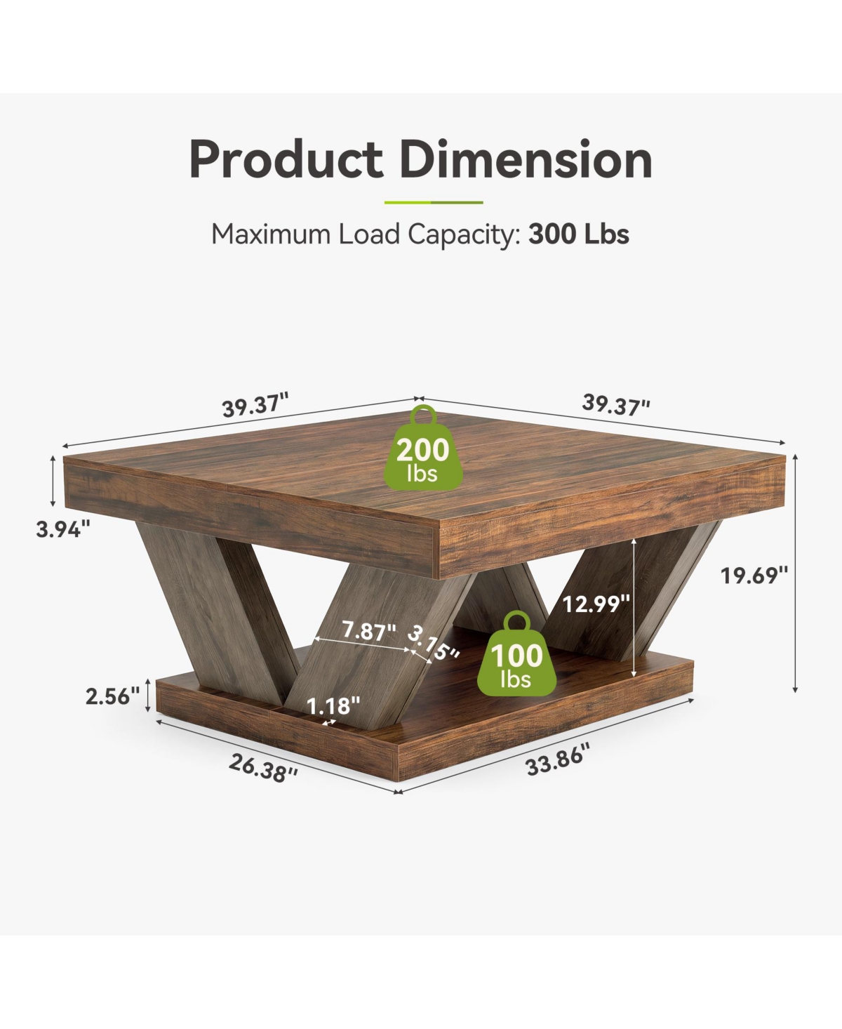 Tribesigns 2-Tier Rustic Wood Coffee Table, Farmhouse Square, Large