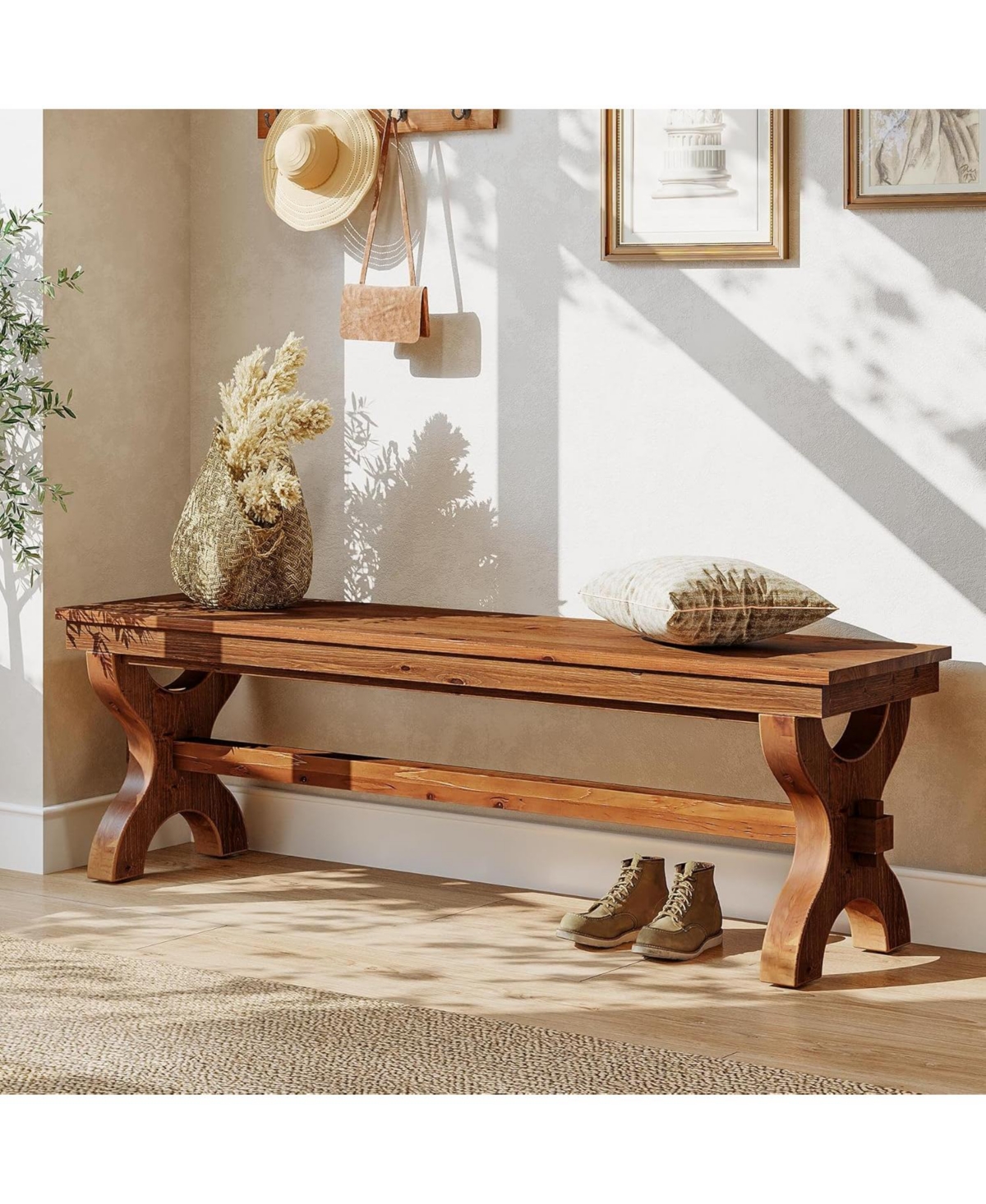 Tribesigns Solid Wood Entryway Bench, 55-Inch Farmhouse Indoor Bench
