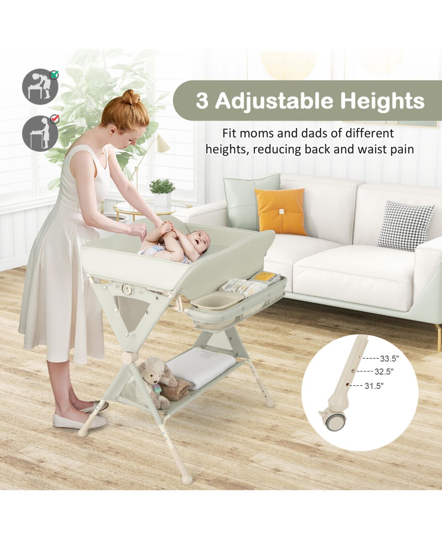 Portable Baby Changing Table with Water Basin and Rolling Wheels for Nursery