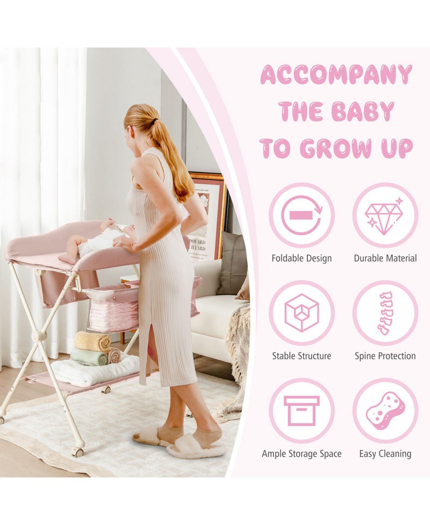 Portable Baby Changing Table with Water Basin and Rolling Wheels for Nursery