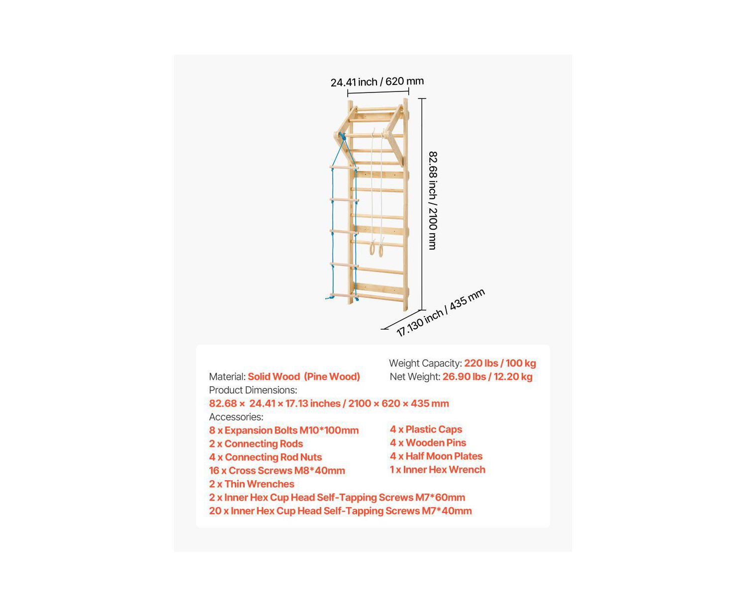 4 in 1 Swedish Ladder Wall Gym with Gym Rings and Pull Up Bar