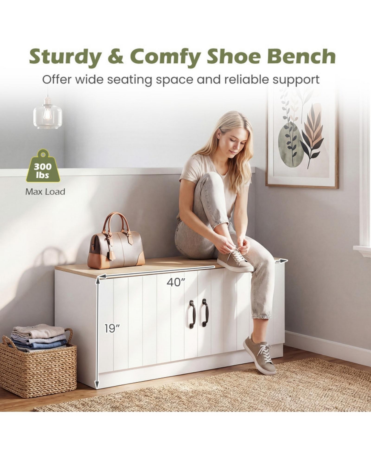 Sugift 2-Door Shoe Storage Bench with Adjustable Shelves and 300 Pound Seating Top for Entryway
