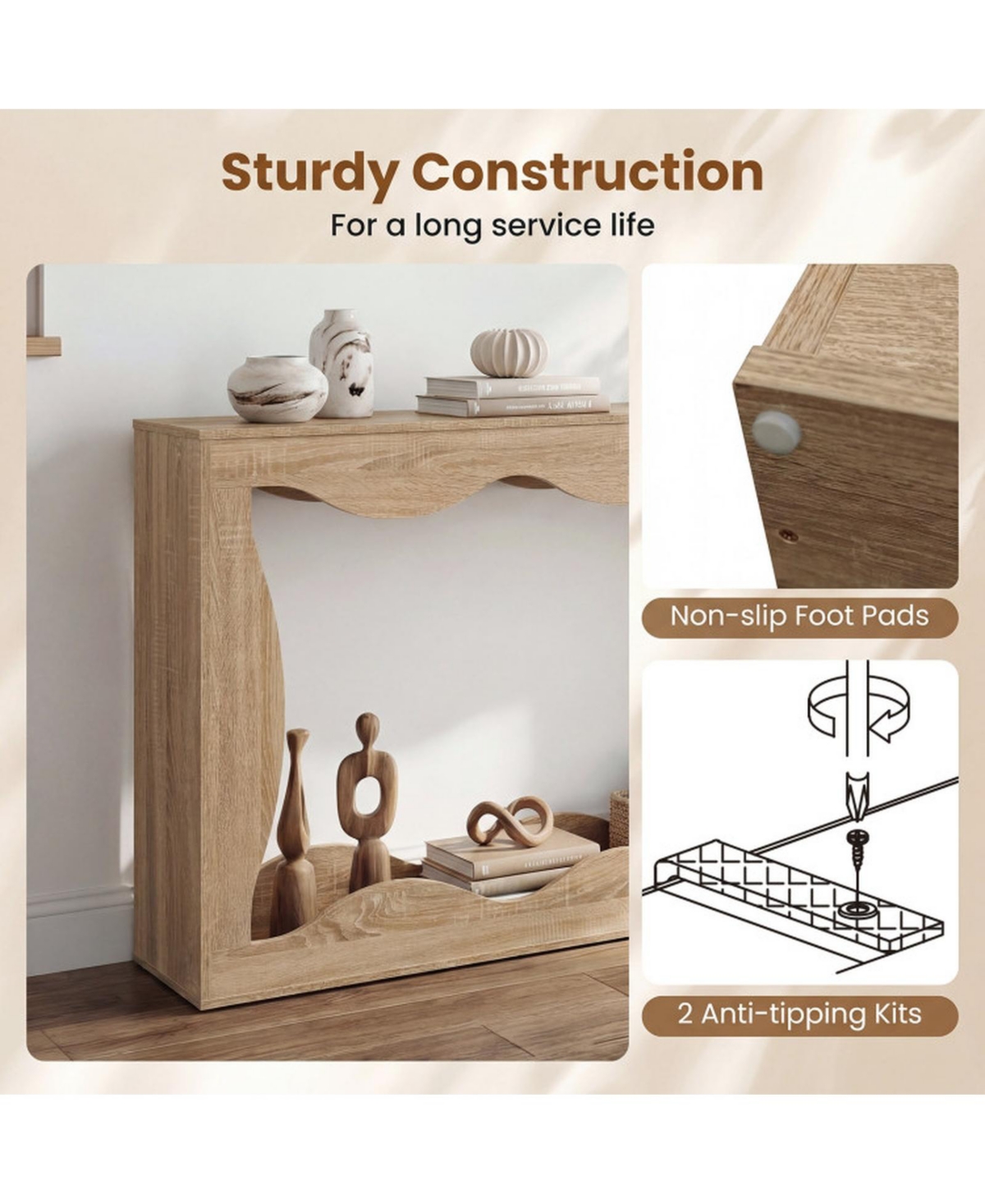 Sugift 63 Inch Console Table 2-Tier Narrow Entryway Table with Wavy Edge and Storage Shelf