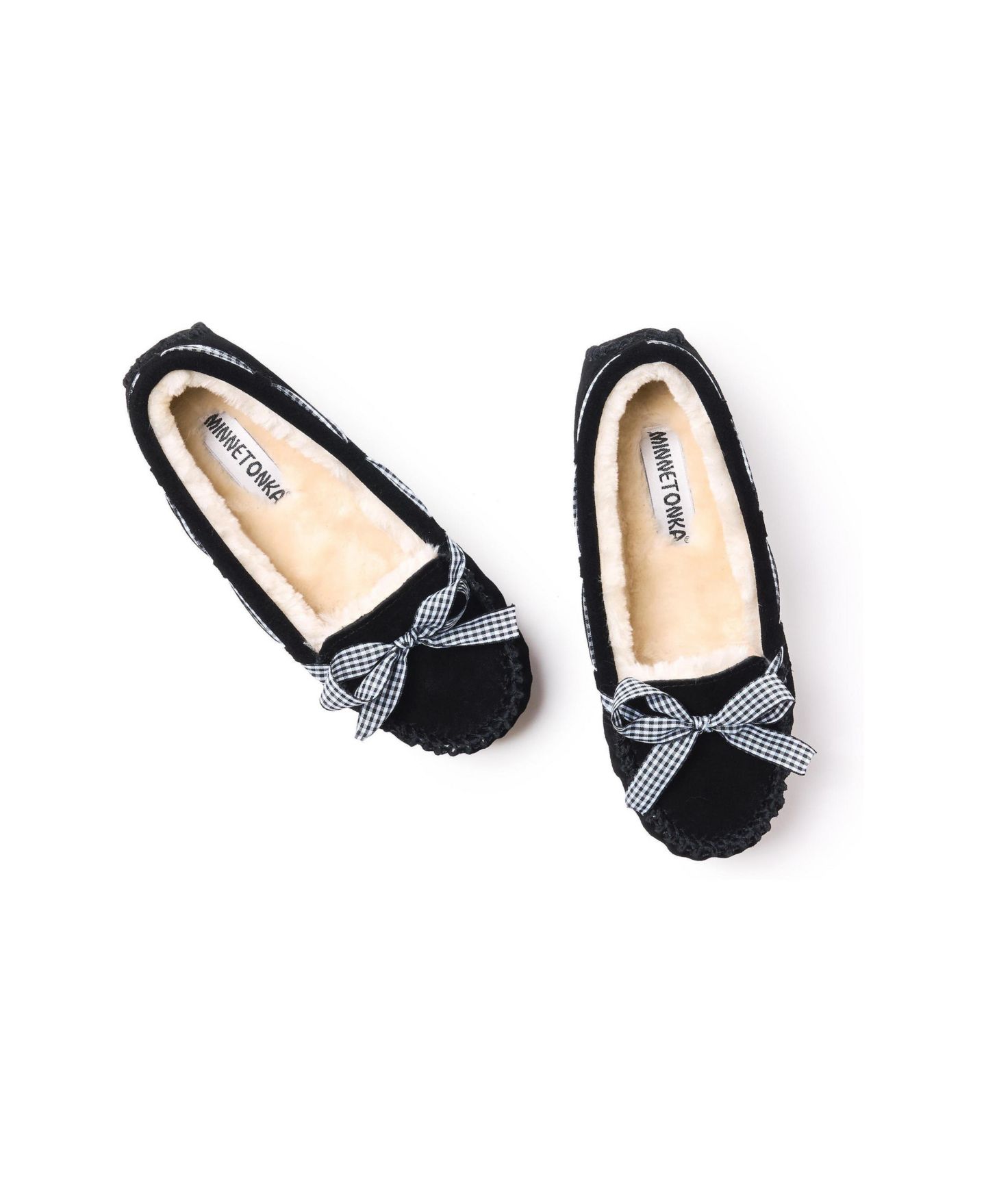 Женские тапочки Minnetonka Cally Suede Gingham Ribbon Slippers, цвет: Чёрный — фото 2