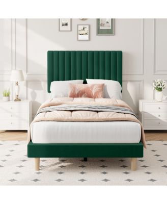 Velvet Bed Frame, Vertical Channel Tufted Headboard, Height Adjustable, Upholstered Platform Bed, No Box Spring Needed