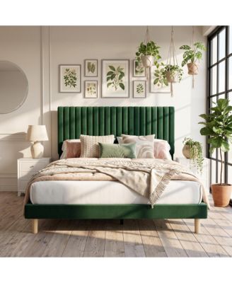 Velvet Upholstered Platform Bed Frame with Adjustable Headboard, Vertical Channel Tufted, Strong Wooden Slats
