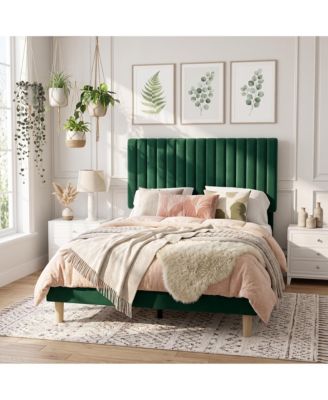 Velvet Upholstered Platform Bed Frame with Adjustable Headboard, Vertical Channel Tufted, Strong Wooden Slats