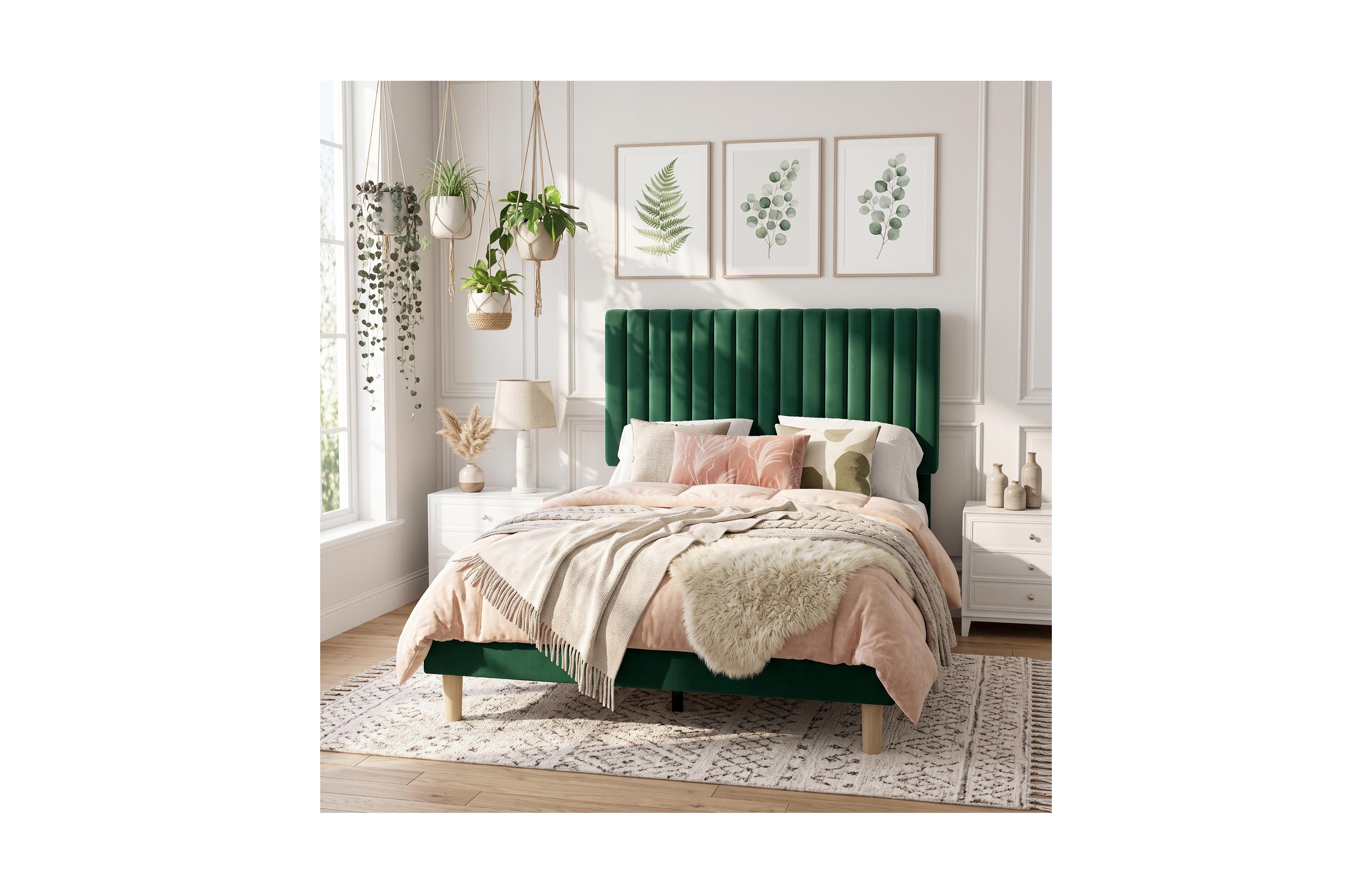 Gaomon Velvet Upholstered Platform Bed Frame with Adjustable Headboard, Vertical Channel Tufted