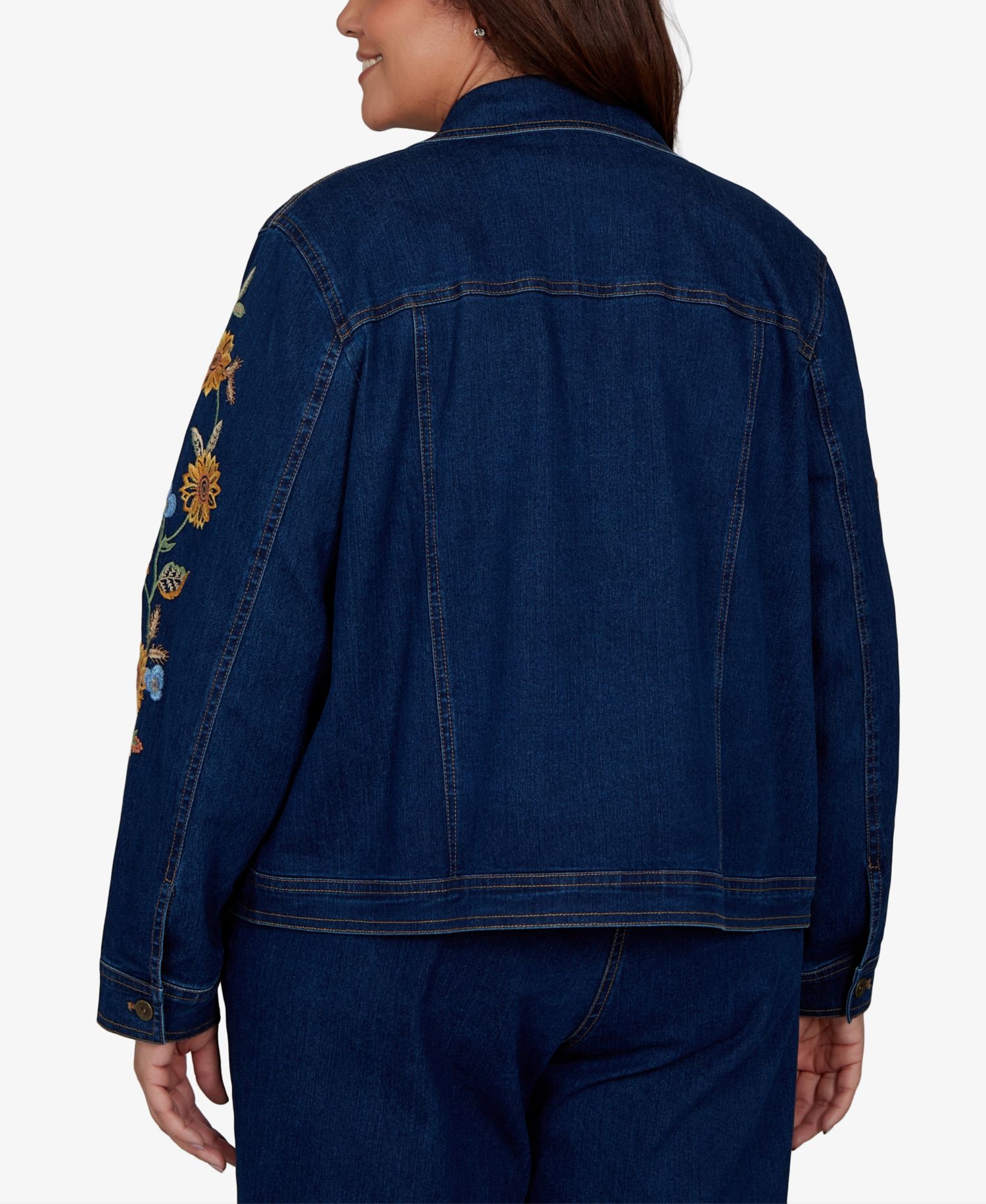 Plus Size Floral-Embroidered Denim Jacket