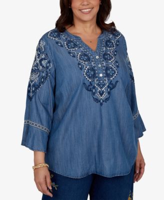 Plus Size Embroidered Henley Denim Blouse