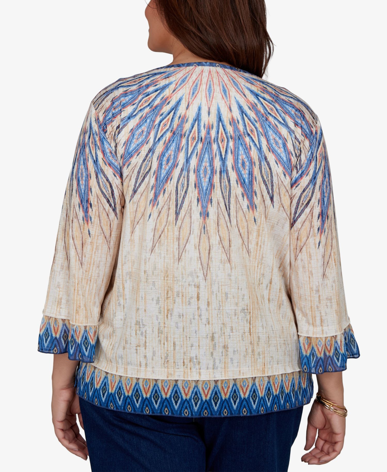 Plus Size Ikat-Print Scoop-Neck 3/4-Sleeve Blouse
