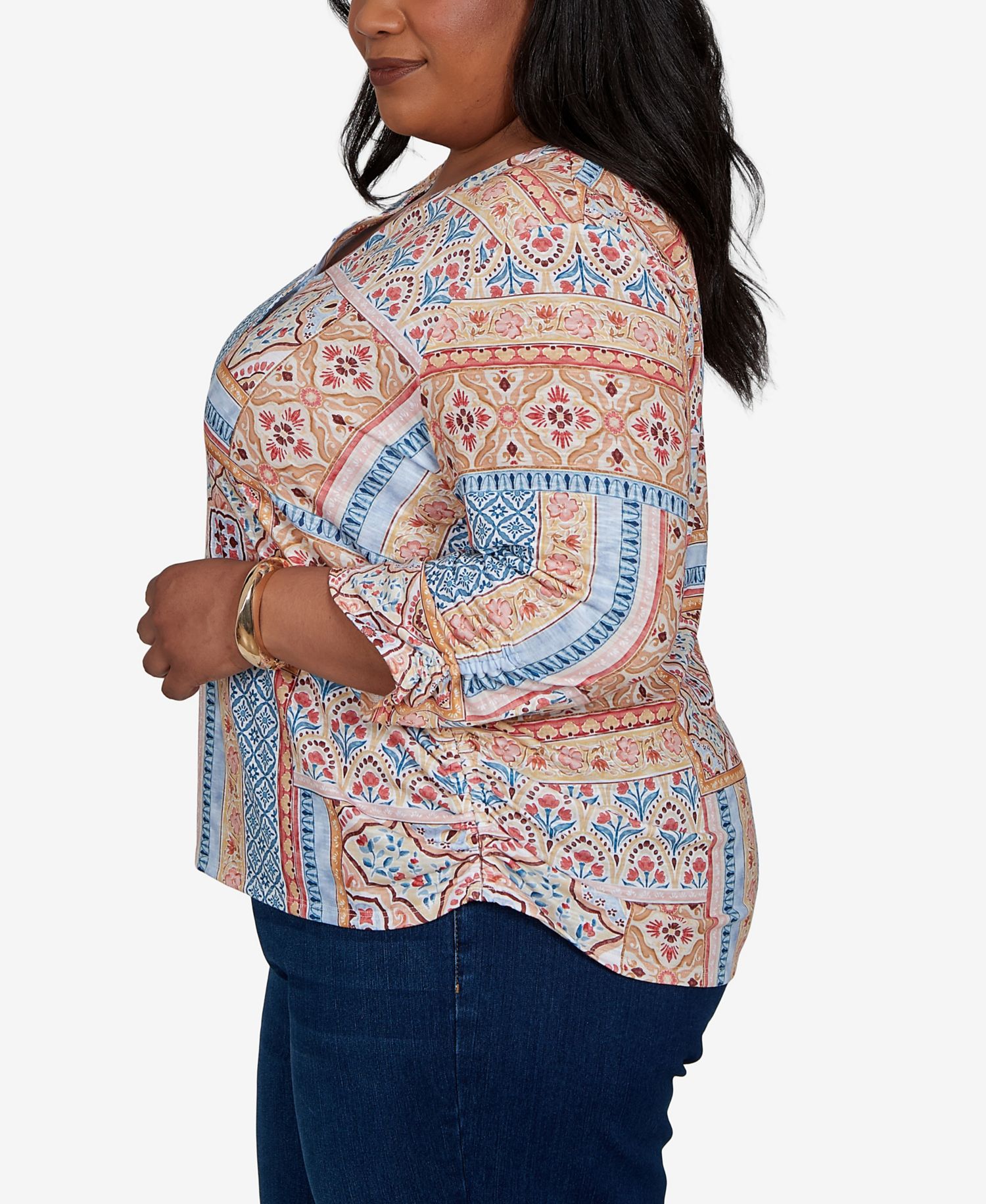 Plus Size 3/4-Sleeve Patchwork-Print Blouse