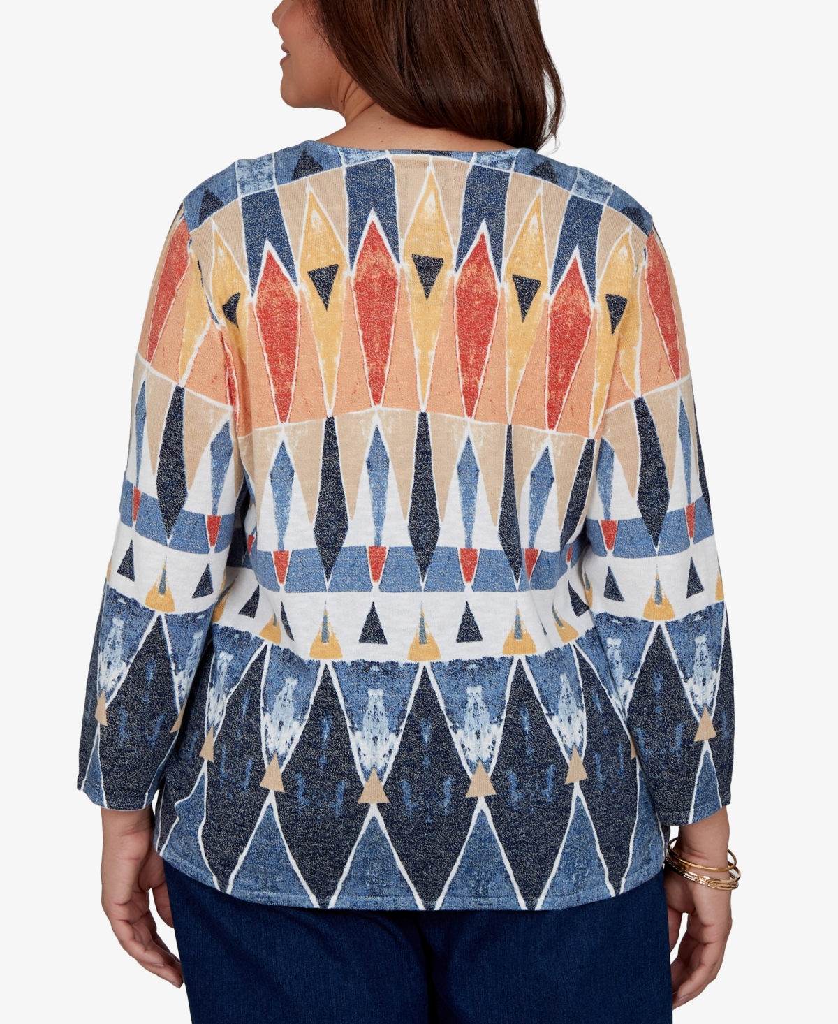 Alfred Dunner Plus 3/4-Sleeve Geometric-Print Keyhole Pullover Sweater