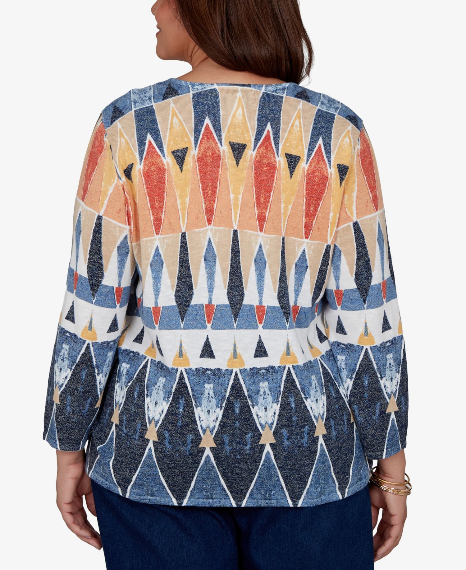 Plus Size 3/4-Sleeve Geometric-Print Keyhole Pullover Sweater