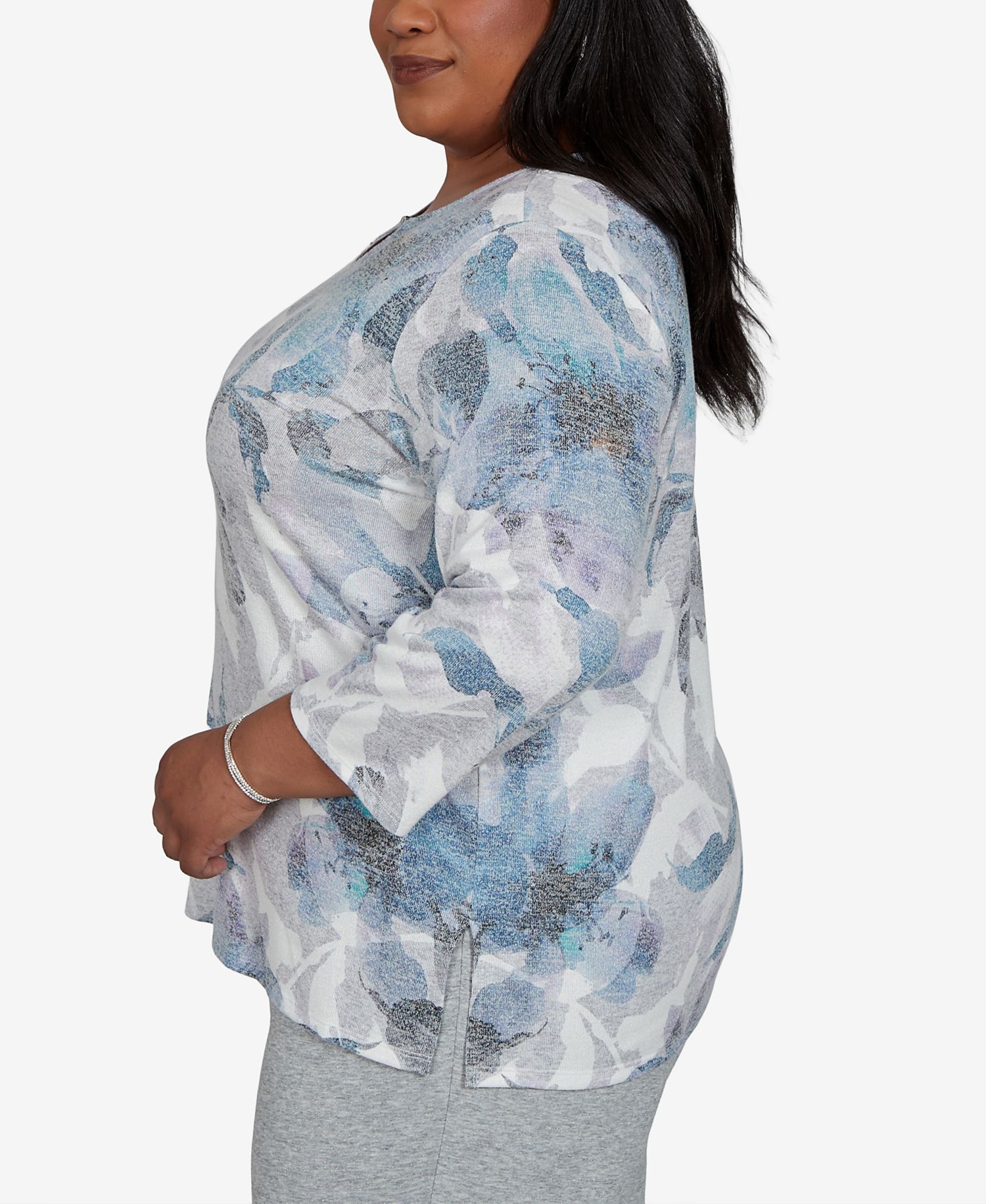 Plus Size Floral-Print 3/4-Sleeve T-Shirt