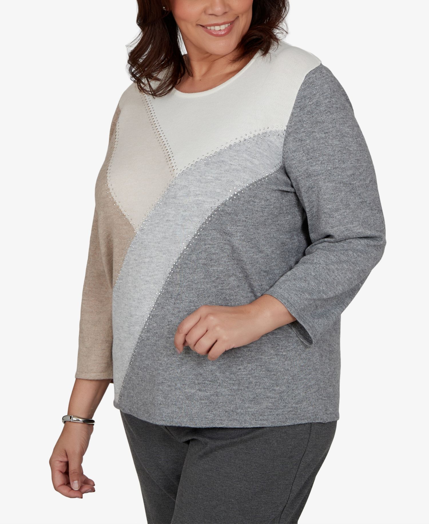 Plus Size 3/4-Sleeve Colorblock Crewneck Pullover Sweater