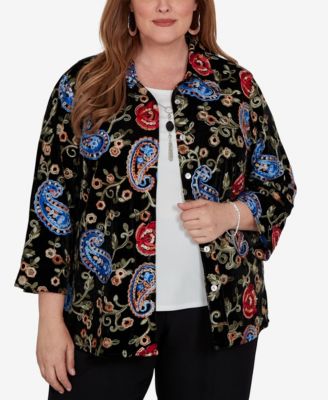 Plus Size Collared 3/4-Sleeve Velvet Top