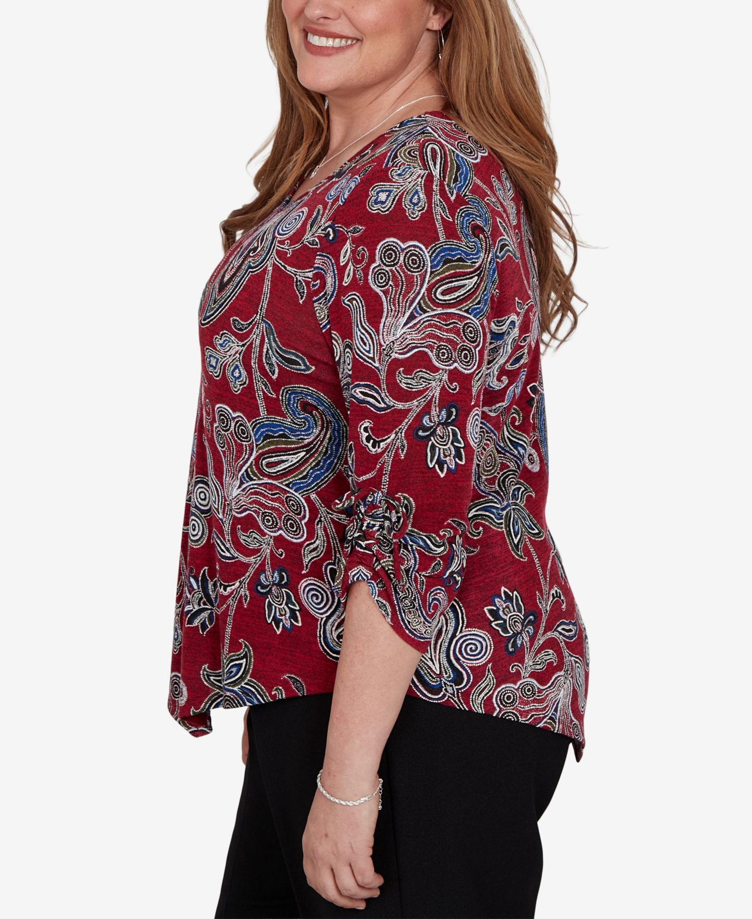 Plus Size V-Neck 3/4-Sleeve Paisley-Print Blouse