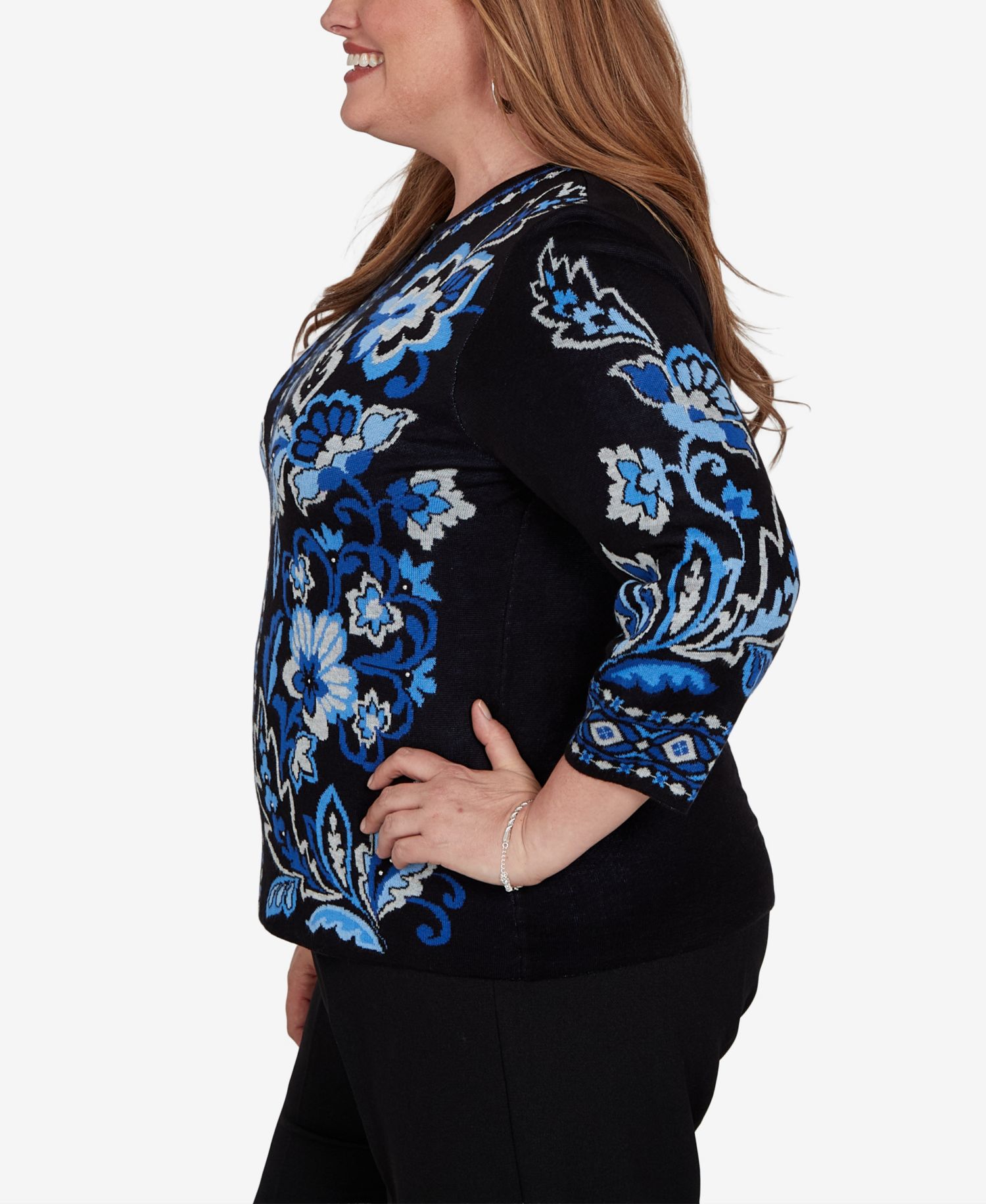 Plus Size Keyhole Neck 3/4-Sleeve Pullover Sweater