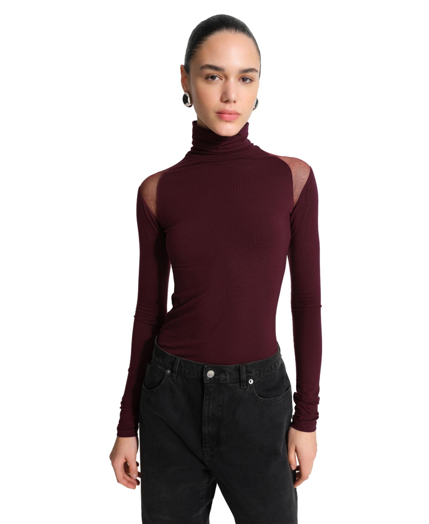 Women's Maria Turtleneck Long-Sleeve Asymmetrical-Mesh Top