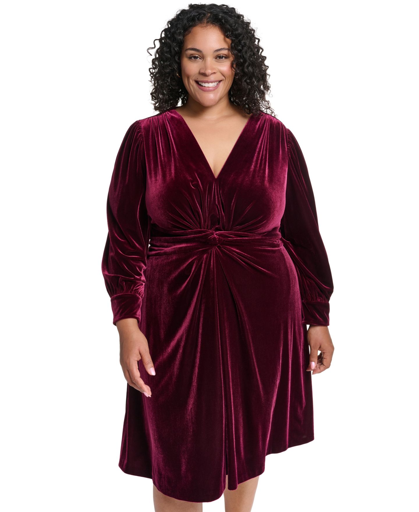 Женское платье Vince Camuto Plus Size Twist Front Long-Sleeve Cocktail V-Neck Velvet, цвет: Винный — фото 2
