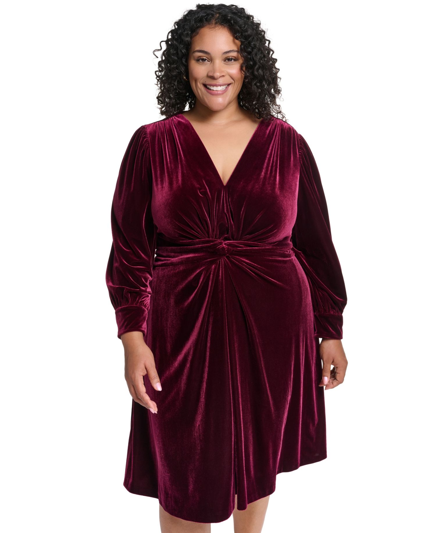 Plus Size Twist Front Long-Sleeve Cocktail V-Neck Velvet Dress