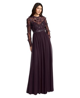 Women's Embellished Illusion High Neck Long Sleeve Gown