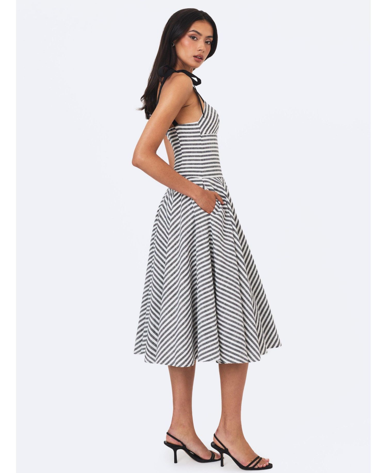 Women's Riley Striped A-Line V-Neck Cotton-Linen Blend Midi Dress