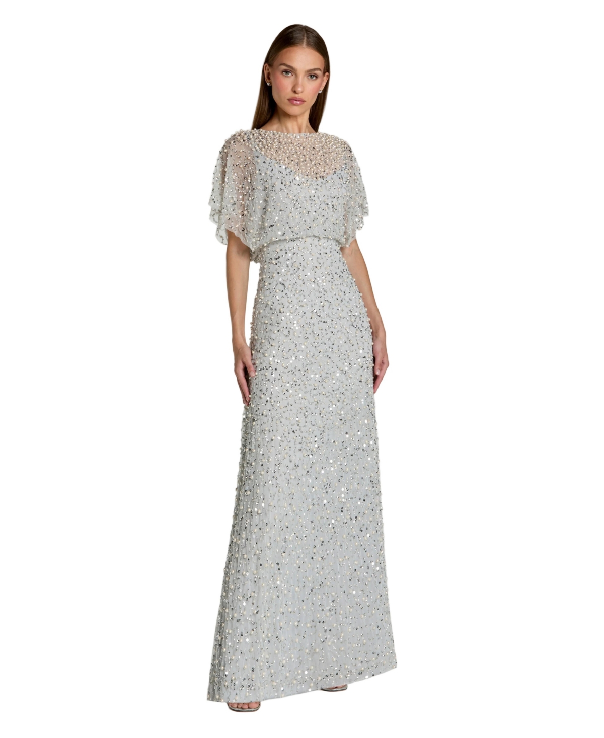 Mac Duggal Petite High Neck Short Sleeve Embellished Gown - Powder blue