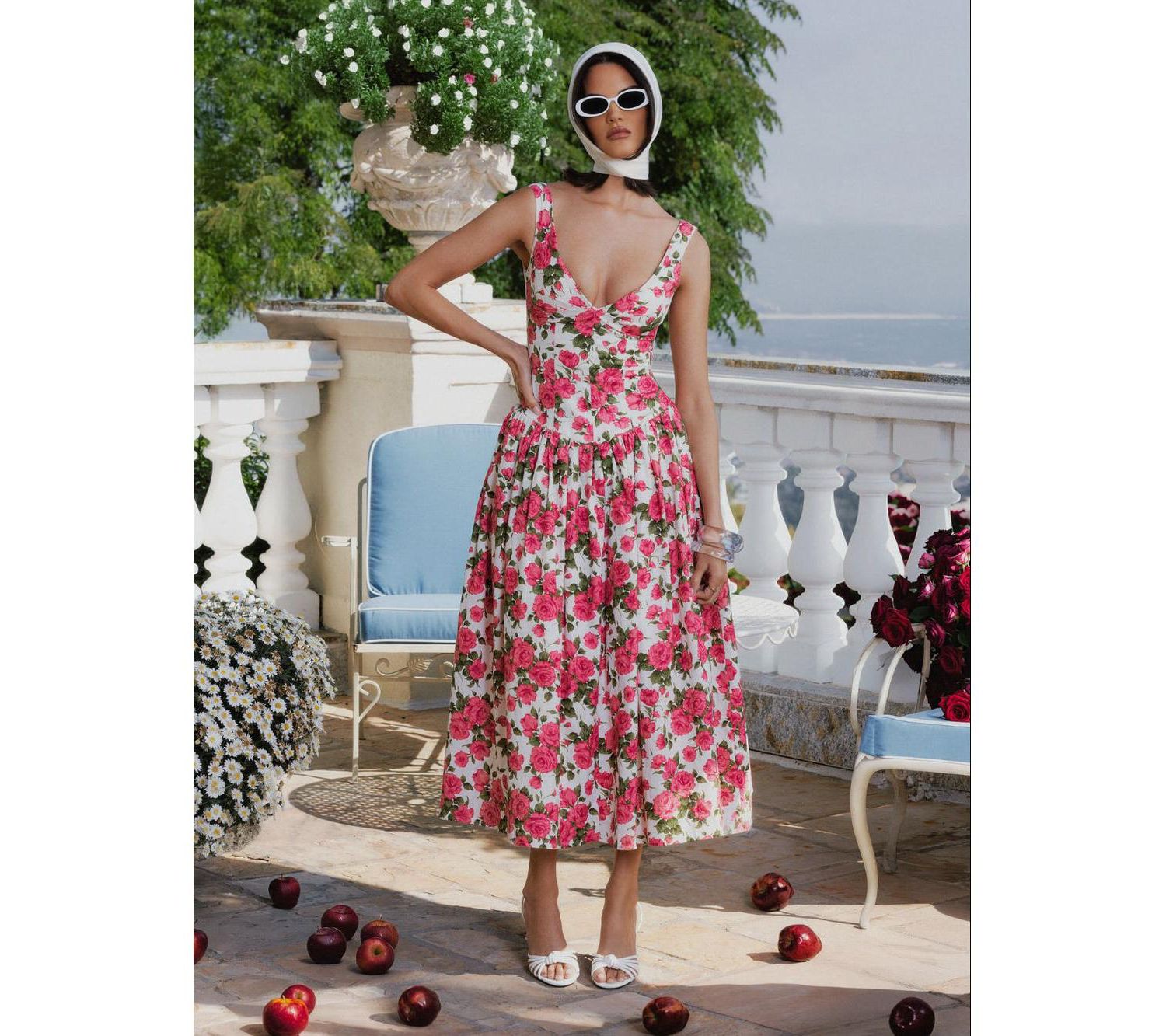 Women Wilfreda Blooming Pink Floral Linen Sweetheart Midi Dress