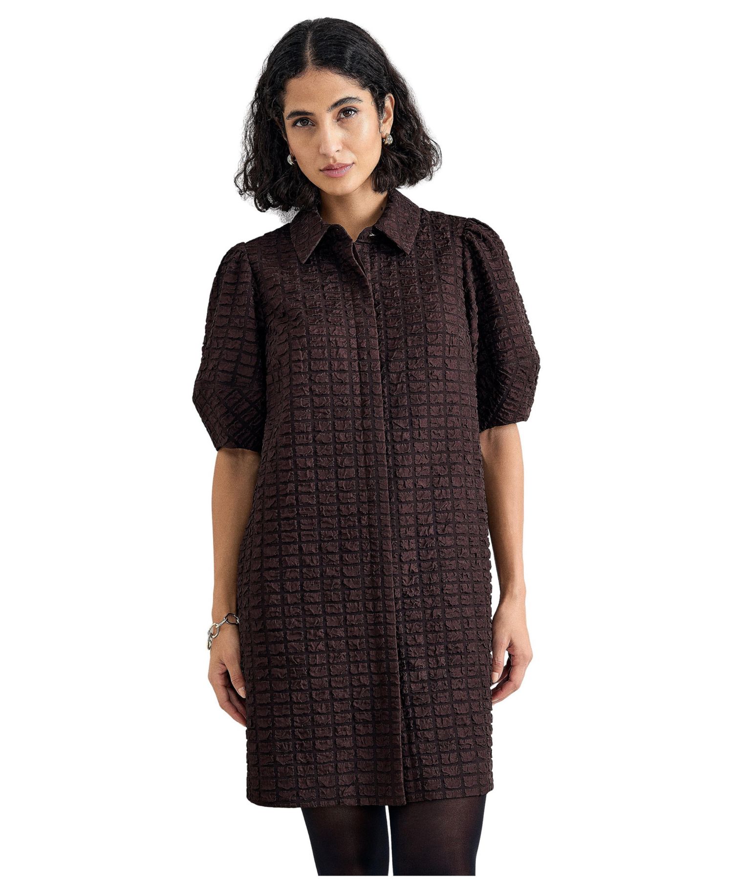 Women's Yasmine Textured Puff-Sleeve Mini Shirt Dress