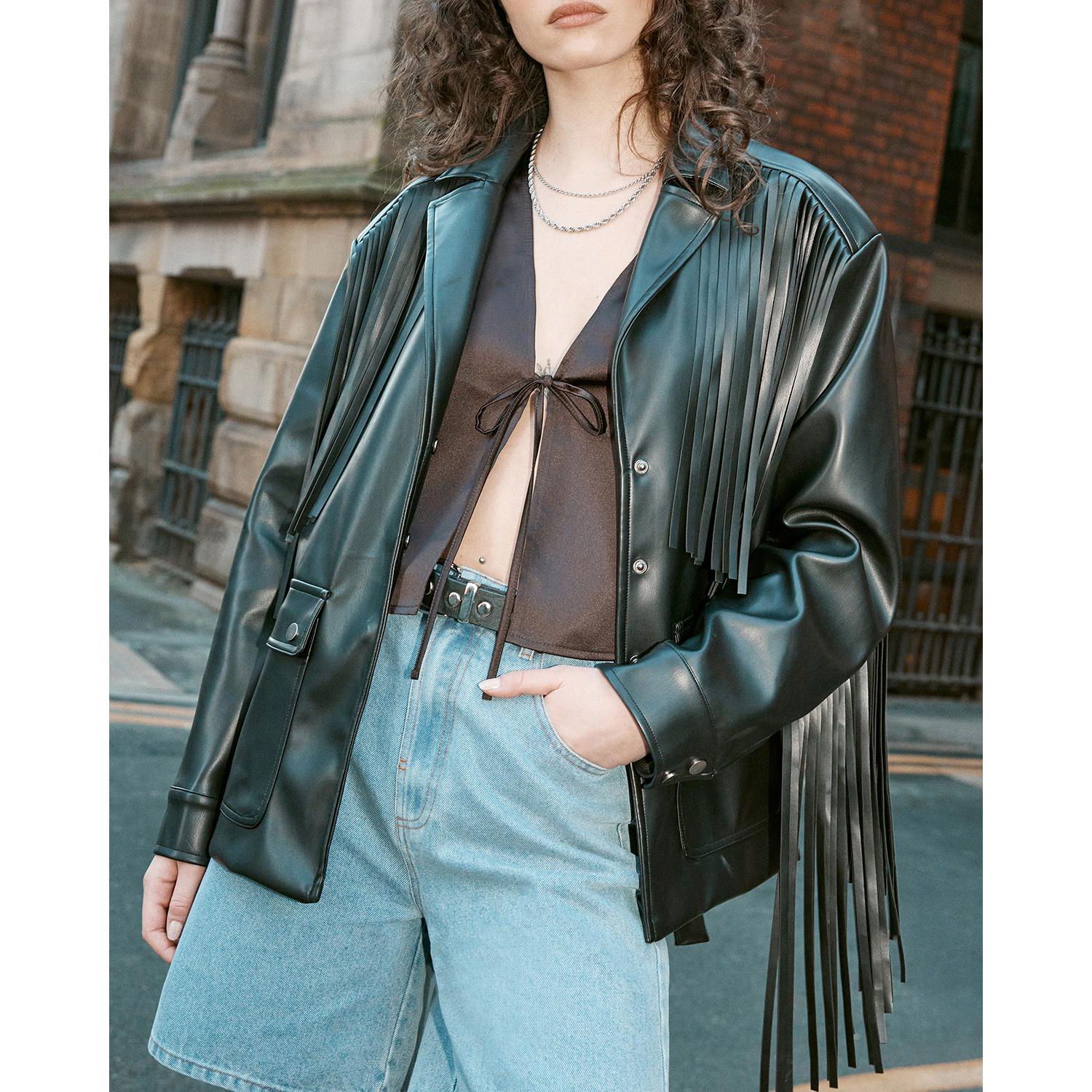 Women's Fringe Faux Leather Belted Jacket