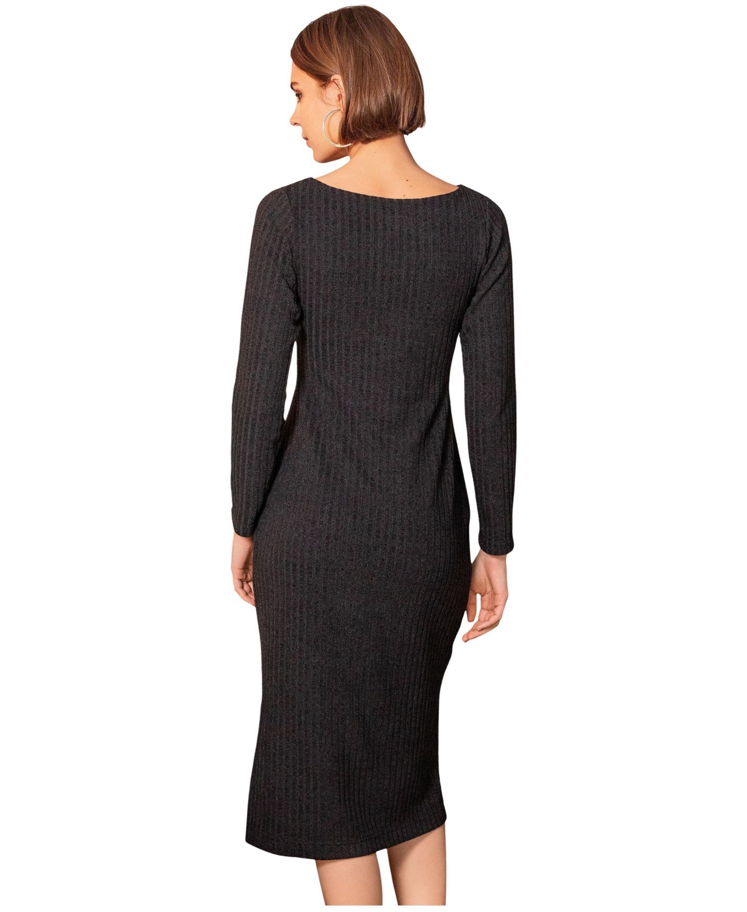 Women's Ribbed Long-Sleeve Boat-Neck Midi Dress