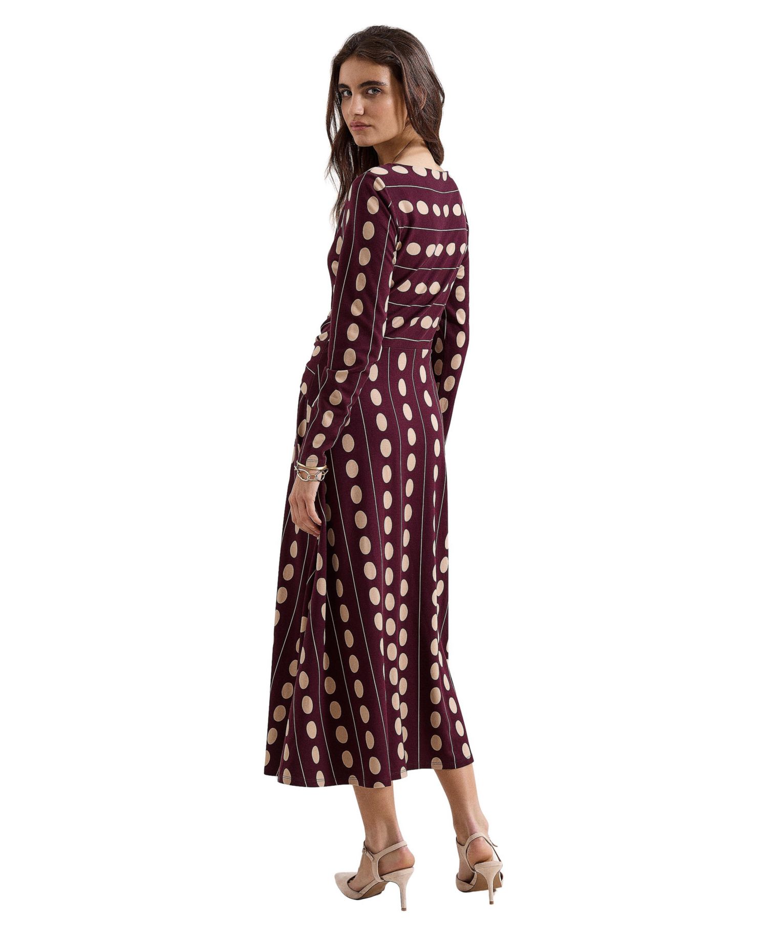 Women's Eugenie Long-Sleeve Polka-Dot Knotted-Waist Midi Dress