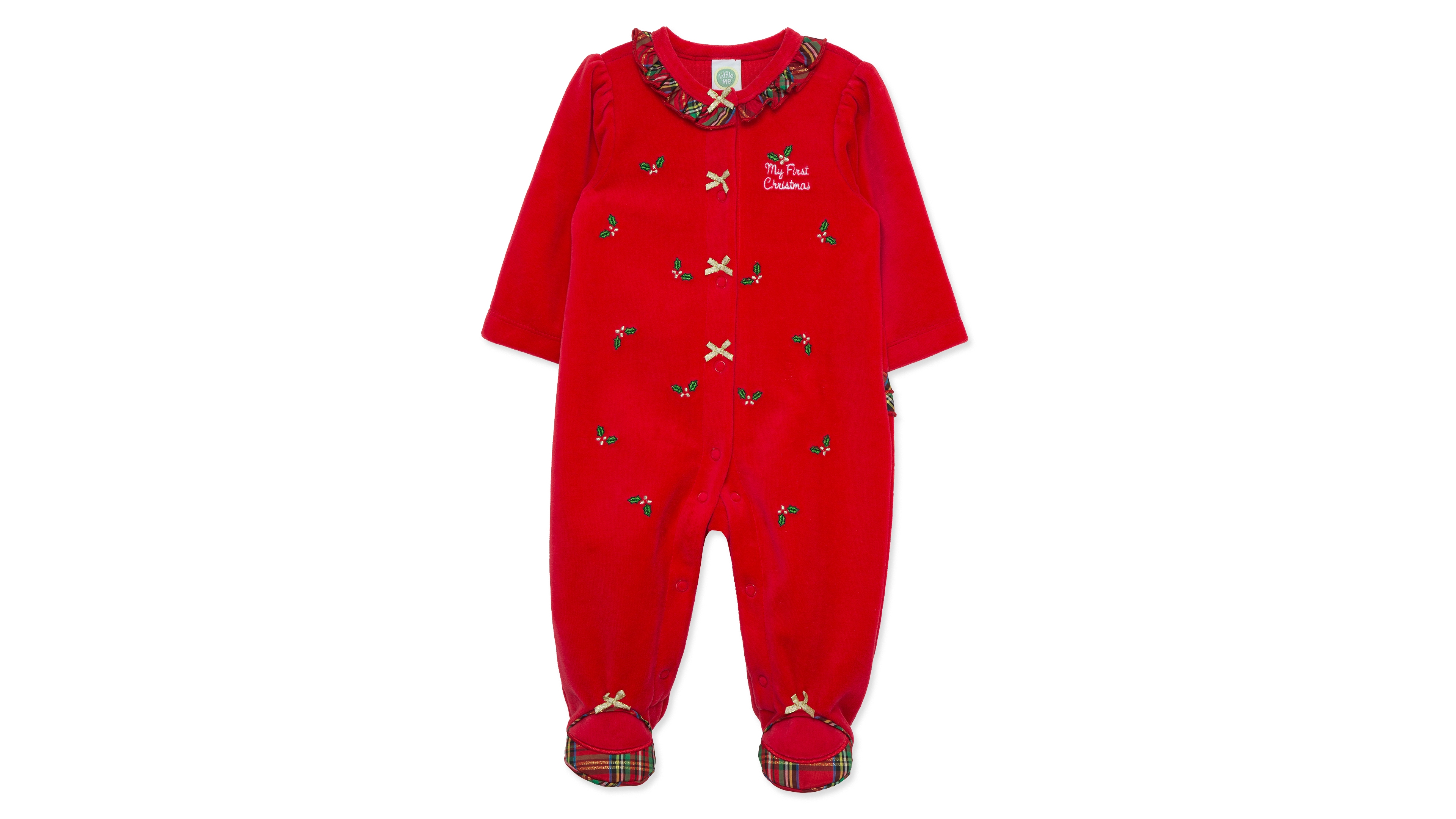 Little Me Baby Girls' Holly Plaid Embroidered Velour Footed Coveralls