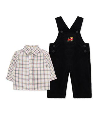 Baby Boys' Train Embroidered Overalls and Plaid Shirt, 2-Piece Set