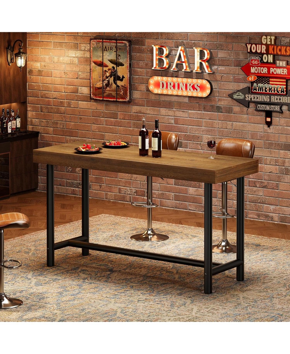 Tribesigns 63" Solid Wood Bar Table Counter height pub table with metal legs Breakfast bar unit for kitchen, living room, bistro Easy assembly