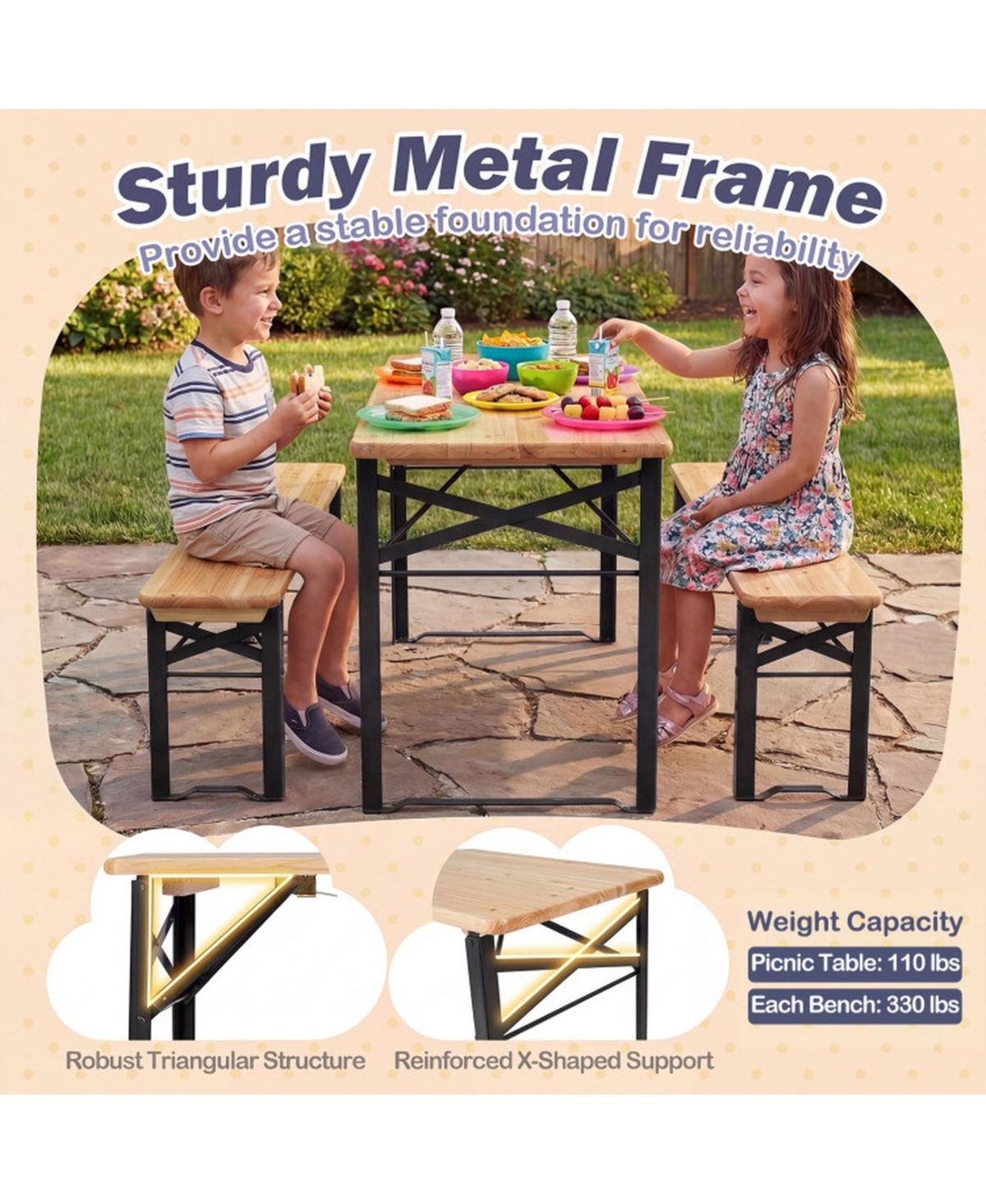Sugift 43.5 Inch No-Assembly Folding Kids Picnic Table and Bench Set in Solid Fir Wood