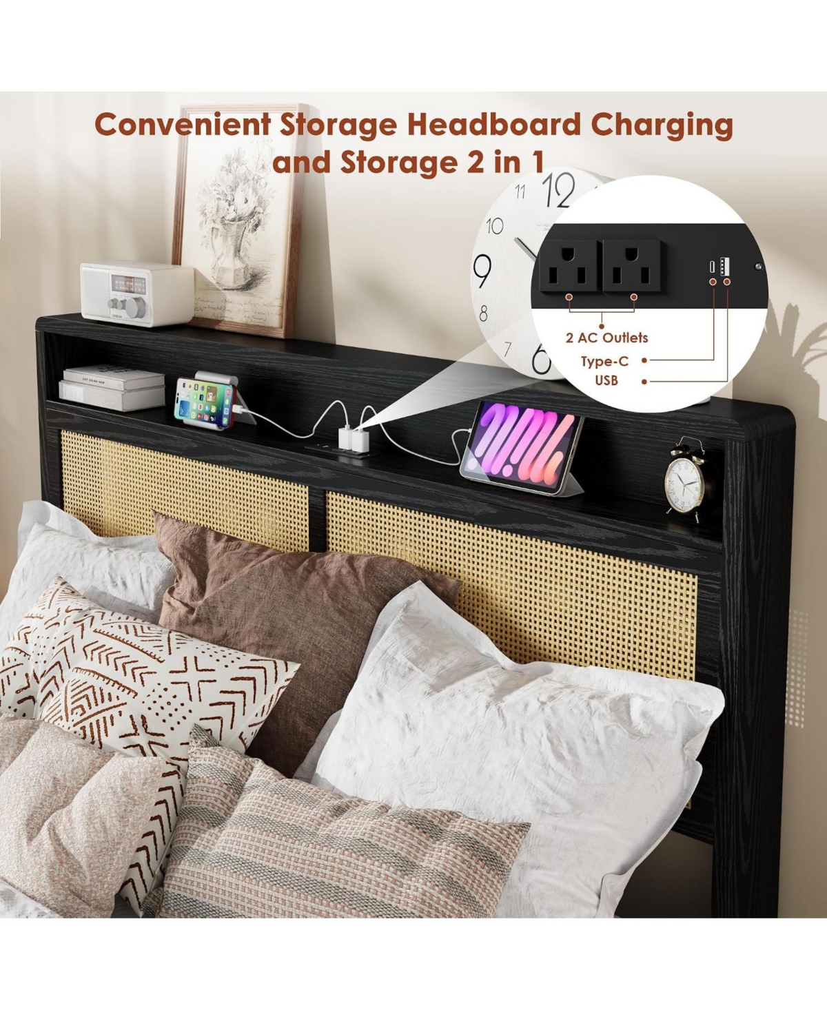 gaomon Rattan Bed Frame with Storage Drawer and Led Lights, Platform Charging Station, Headboard Shelf, Cane Panels